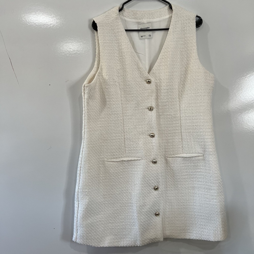 Abercrombie Fitch Mara Vest Mini Dress Ivory Tweed Button Preppy Womens xL